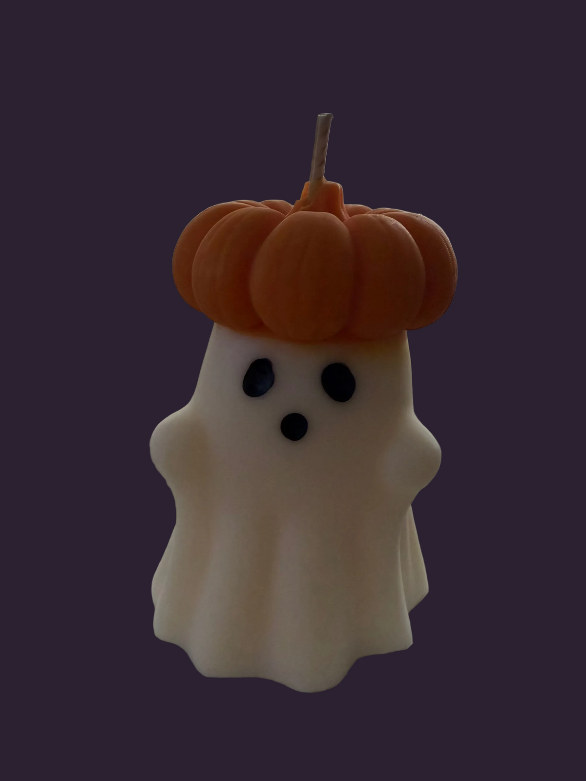 Ghost wearing a pumpkin crown, hand-poured soy candle by Missy Sol, caramelised toffee apple scent
