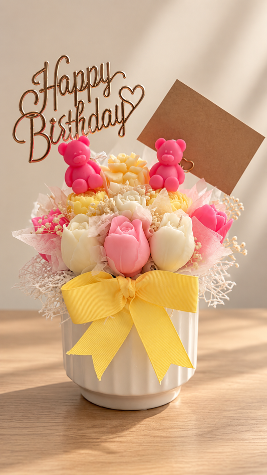 Pink and yellow wax tulip birthday arrangement with Happy Birthday topper, teddy bears and gift tag by Missy Sol