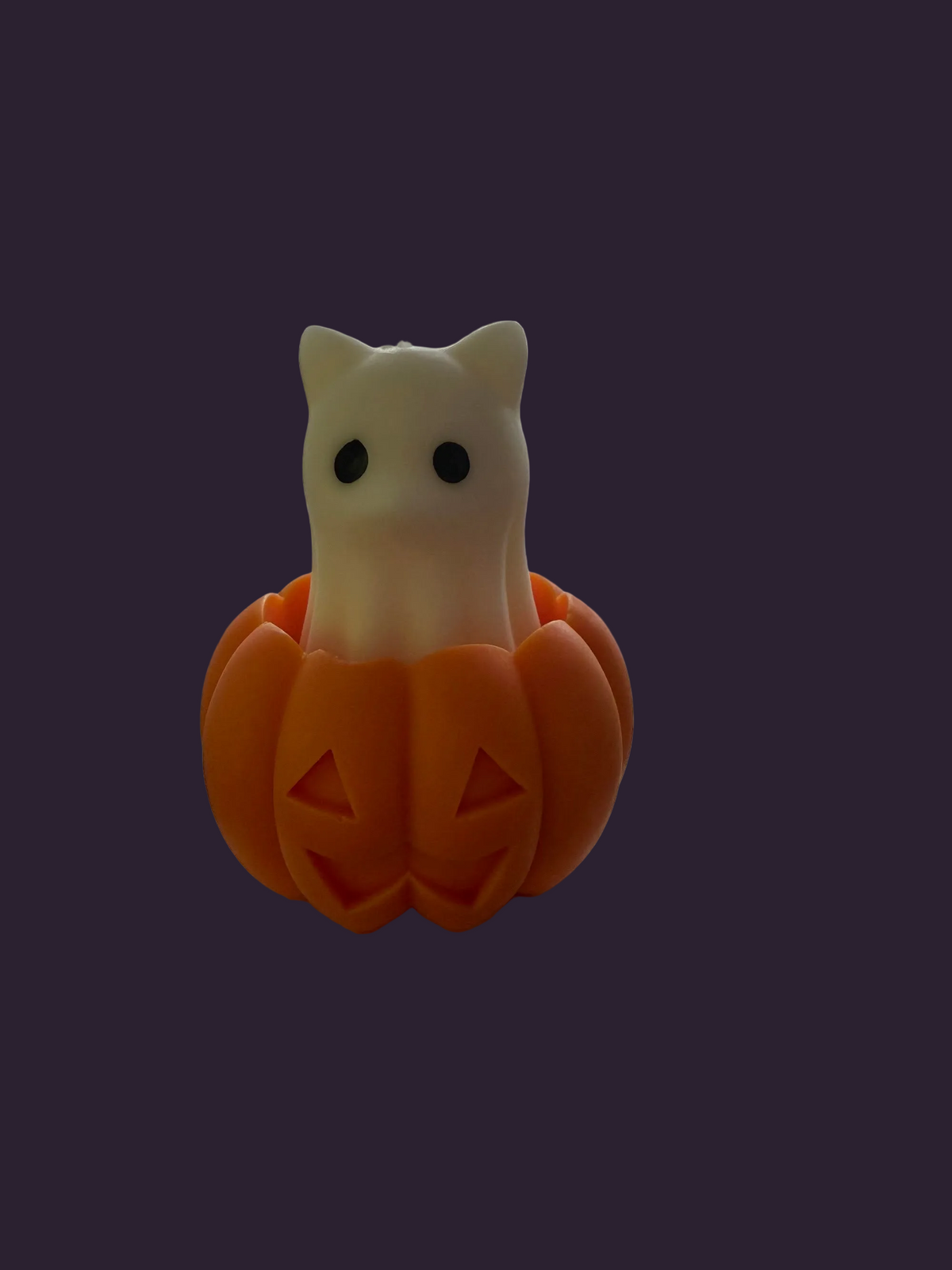 Cat ghost in pumpkin hand-poured soy candle by Missy Sol, caramelised toffee apple scent