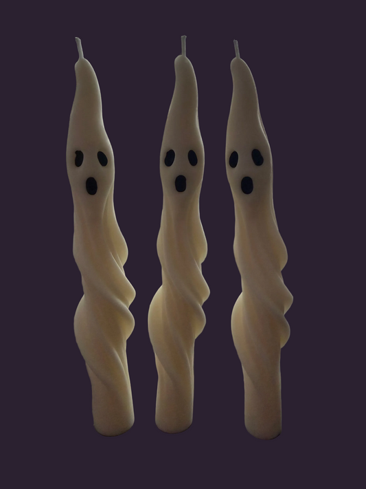 Three twisted ghost taper candles, hand-poured soy wax by Missy Sol, caramelised toffee apple scent