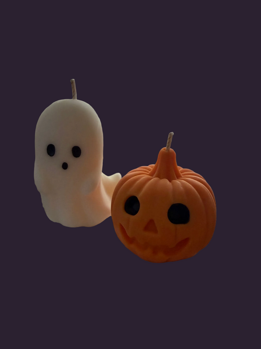Ghost and jack-o-lantern hand-poured soy candle set by Missy Sol, caramelised toffee apple scent