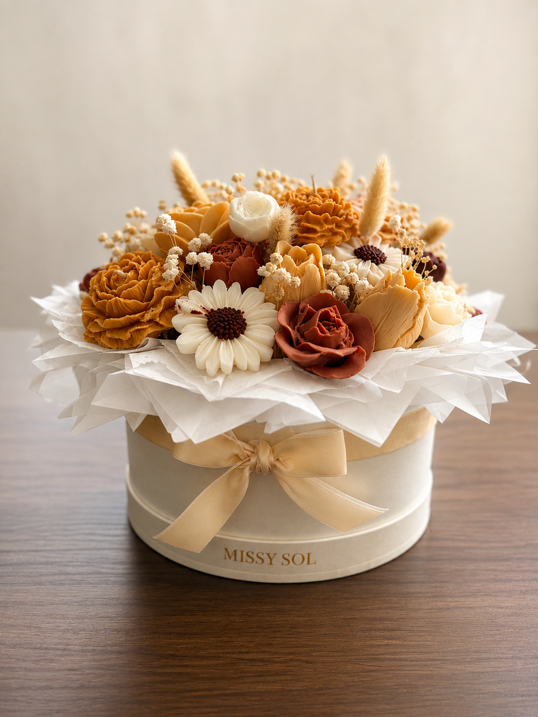 Autumn-toned wax flower bouquet in a Missy Sol hat box, handmade in Sydney
