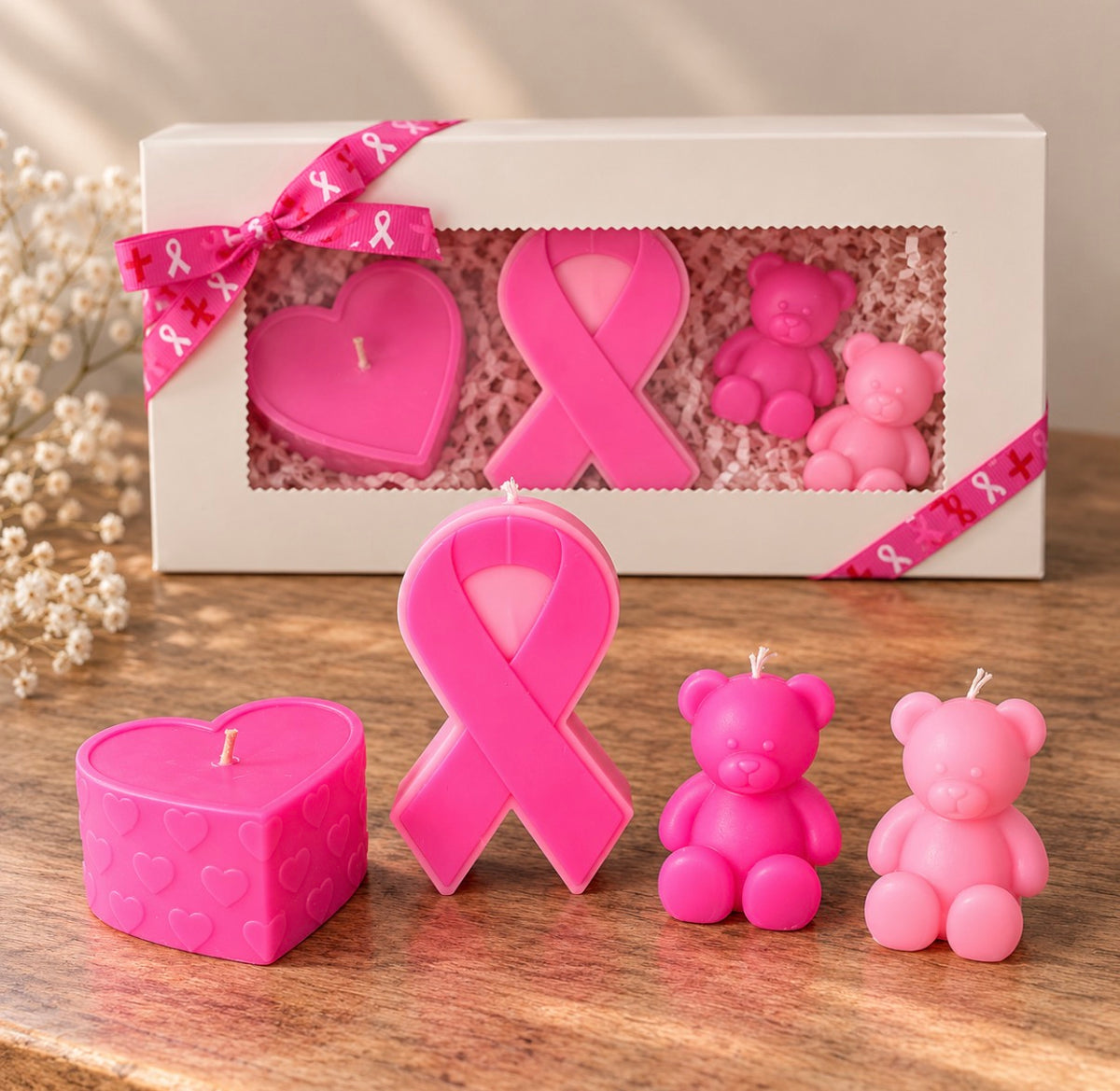 Missy Sol Pink Ribbon Gift Box with heart, ribbon and two mini bear candles