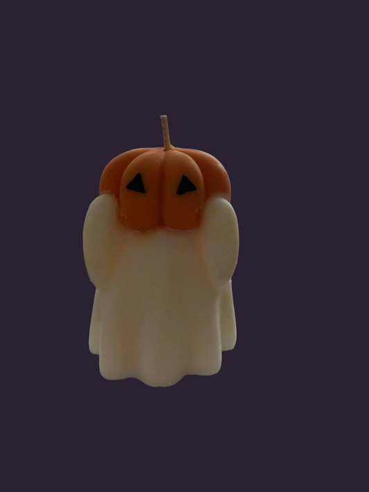 Ghost under a carved pumpkin hat, hand-poured soy candle by Missy Sol, caramelised toffee apple scent